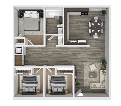 Floor plan for 3 beds, 1 bath, 879 sqft